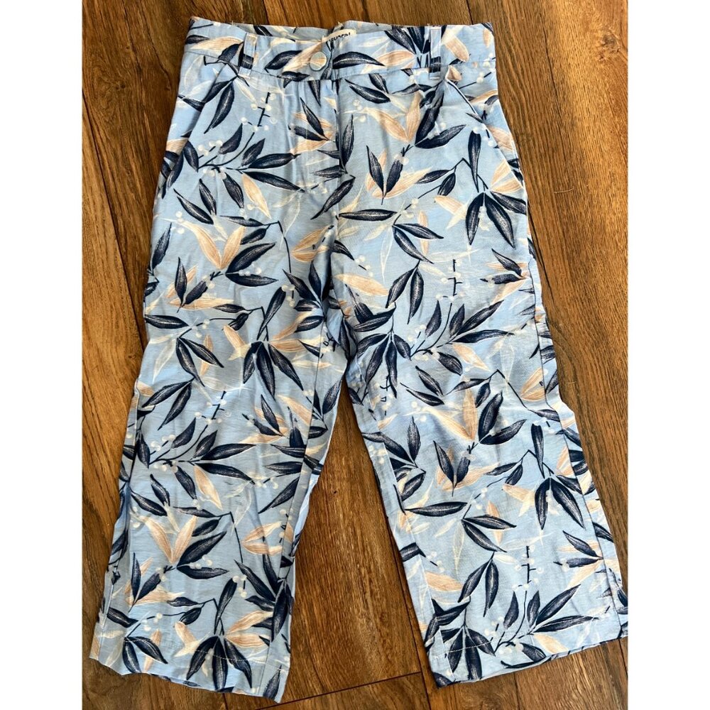 Mayoral Size 8 Blue Tan Printed Cropped Wide Leg Pants Adjustable Waist Vacay